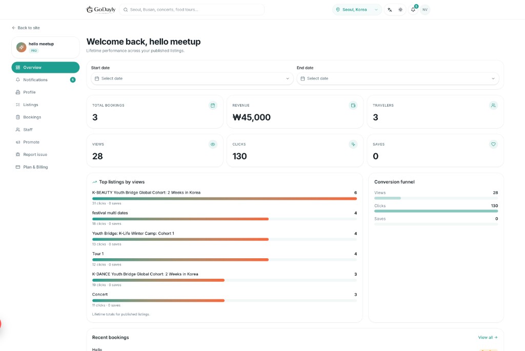 Your booking dashboard